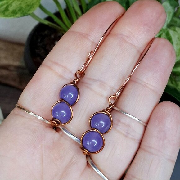 BOGO EARRINGS - Dyed jade gemstone wire wrapped copper dangle earrings, 2" - Picture 2 of 8